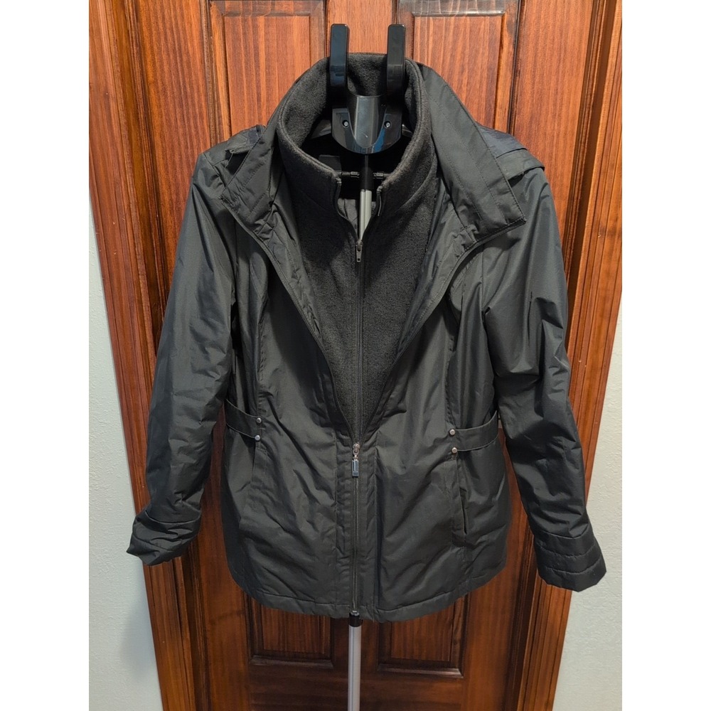 EUC INTL Details Charcoal Gray Lined Coat Removable Hood & Adj Straps‎ Large